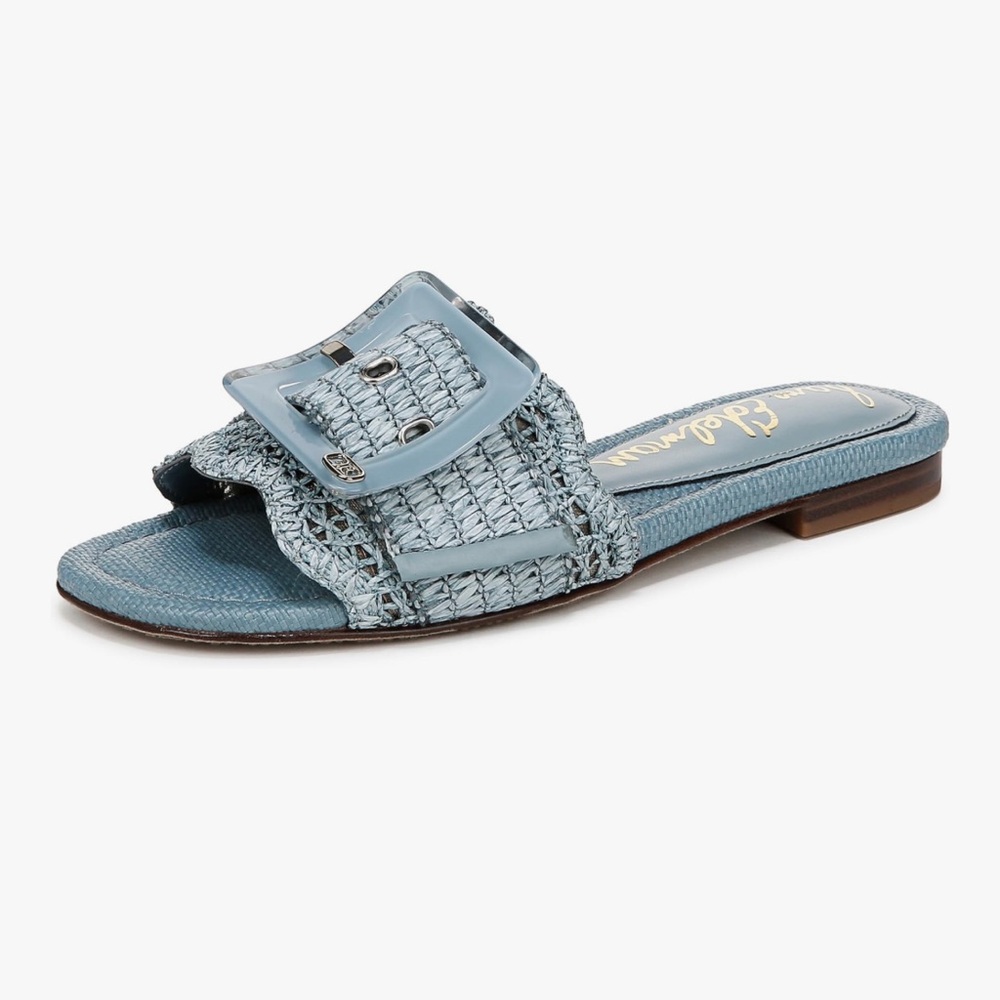Woven Buckle Slide Sandal in Light Blue